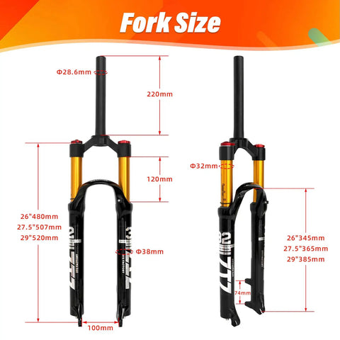 Air Mountain Bike Suspension Fork For 26 27.5 29 Inch Bikes Built For Rough Trails 120mm Travel size specifications shown