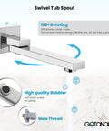 Rainfall Tub Shower Faucet Set With Handheld Sprayer Wall Mount Square High Pressure Shower System With Tub Spout And Rough In Valve 8 Inch Shower Head Polished Chrome Finish Easy Install Bathroom Upgrade showing swivel tub spout with 180-degree rotation and high quality bubbler in polished chrome.