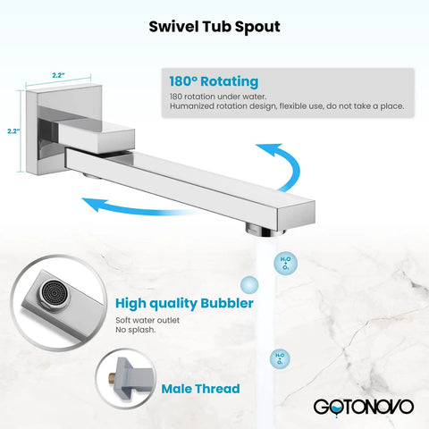 Rainfall Tub Shower Faucet Set With Handheld Sprayer Wall Mount Square High Pressure Shower System With Tub Spout And Rough In Valve 8 Inch Shower Head Polished Chrome Finish Easy Install Bathroom Upgrade showing swivel tub spout with 180-degree rotation and high quality bubbler in polished chrome.
