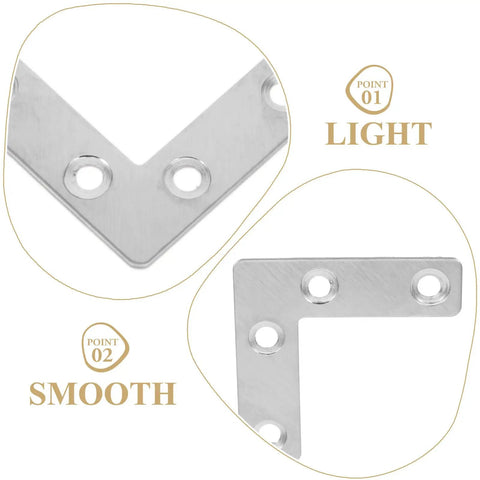 Close-up of sturdy stainless steel L shaped brackets heavy duty corner braces for flat surfaces DIY furniture and cabinet support.