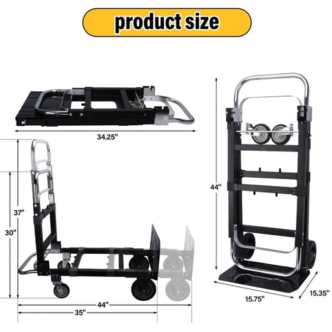 3 In 1 Folding Hand Truck And Convertible Dolly For Moving Heavy Loads Anywhere With Smooth Silent Rubber Wheels And Two 6 Inch Wheels Plus Two 4 Inch 360 Degree Swivel Wheels Ready To Roll For Easy Transport, folded size 34.25 x 15.75 x 15.35 in