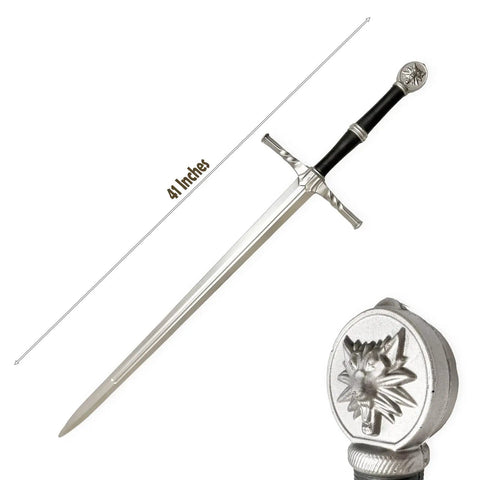 41 Inch Medieval Foam Long Sword For Cosplay And LARP Halloween Costume Silver Safe Foam Blade shown in full view with detail of pommel