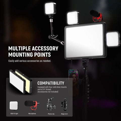 Two Pack Bi Color LED Video Lights With 59 Inch Tripod Stands And Phone Holders, accessory mounting points shown