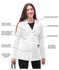 Universal Stretch Lab Coat For Women, 28 Inch Tab Waist Medical Coat, White, Size M, worn by model with notched lapel collar