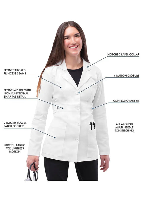 Universal Stretch Lab Coat For Women, 28 Inch Tab Waist Medical Coat, White, Size M, worn by model with notched lapel collar