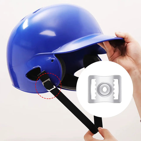 Hands holding a blue helmet with strap, 51 Pack All In One Helmet Repair Kit For Football Hockey Baseball Softball Gear With Screws Nuts.