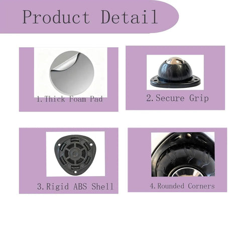 Product detail of Heavy Duty 12 Pack Stainless Steel Ball Casters With Easy Peel Stick Setup showing foam pad, secure grip, ABS shell, and rounded corners.
