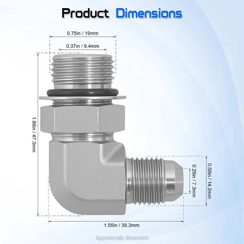 3/8 Inch Male JIC 37 Degree Flare To 1/2 Inch Male SAE ORB 90 Degree Elbow Hydraulic Adapter Twin Pack For Heavy Duty Fluid Lines SAE J514 J1926 Compatible Durable Port Fittings, dimensions shown