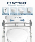 Heavy Duty Toilet Safety Rails Height Adjustable Foldable Frame Zero Hassle Setup For Seniors Handicap And Elderly Users Rigged Tough Holds Up To 350 Lbs showing width adjustment from 25-31 inches for various toilet types.