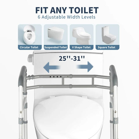 Heavy Duty Toilet Safety Rails Height Adjustable Foldable Frame Zero Hassle Setup For Seniors Handicap And Elderly Users Rigged Tough Holds Up To 350 Lbs showing width adjustment from 25-31 inches for various toilet types.