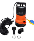 Heavy Duty Submersible Sump Pump With Tough Bottom Suction And Automatic Float Switch To Kick Standing Water Out Of Basements Ponds And Lawns Quickly Powered By A Reliable Pure Copper Motor And Us Plug For Serious Flood Cleanup, featuring power cord and hose attachments.