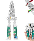 18 In 1 Foldable Wire Stripper And Multi Tool Pliers For Electricians with green and silver handles in use