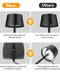 Comparison of new cordless table lamp with all aluminum body versus iron material, highlighting charging port design.