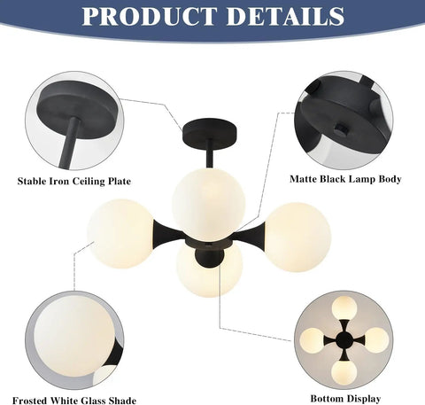 Mid Century Modern Semi Flush Mount Ceiling Light Fixture Farmhouse Black Globe Sputnik Chandelier With Four Milk Glass Globes For Hallway And Living Areas Dope Glow product details
