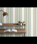 Farmhouse Matte Wallpaper Dope Linen Texture Hella Durable PVC Free Wall Covering with vertical stripes in cozy workspace.