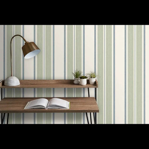 Farmhouse Matte Wallpaper Dope Linen Texture Hella Durable PVC Free Wall Covering with vertical stripes in cozy workspace.