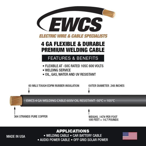 4 Gauge Premium Extra Flexible Welding Cable 600 Volt Black 20 Feet Made In USA For MIG TIG Arc Welding label and details
