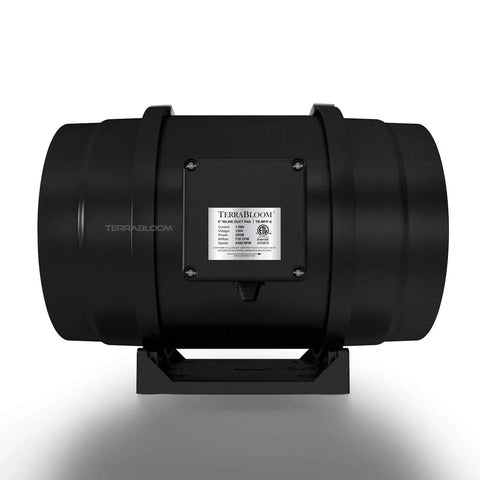Front view of 8 inch inline exhaust fan with 735 CFM, built in speed controller, ETL listed, pre wired 6 ft grounded cord, in black.