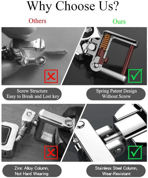 Comparison of screw structure vs spring design in keychains, highlighting durability in Mercedes Benz Car Tire Valve Caps And Key Chain Set.