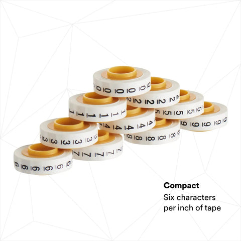 Wire Marker Tape Dispenser With Numbered Label Rolls 0 To 9 showing ten refillable rolls with pressure sensitive adhesive.