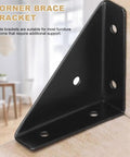Set Of Four Heavy Duty Corner Brace Brackets With Screws For Reinforcing Furniture Cabinets Bookshelves And Tables Right Angle Shelf Supports close-up of black steel bracket.