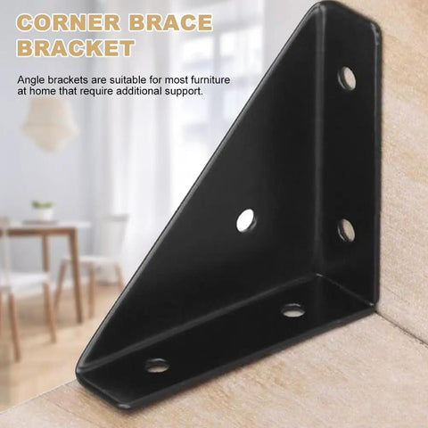 Set Of Four Heavy Duty Corner Brace Brackets With Screws For Reinforcing Furniture Cabinets Bookshelves And Tables Right Angle Shelf Supports close-up of black steel bracket.