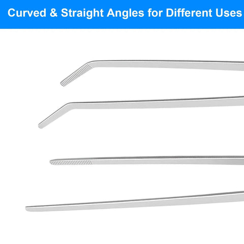 Two Pack Reptile Feeding Tongs 10.6 Inch Straight And Curved Extra Long Tweezers Pro Grade Stainless Steel Feeding Tools shown