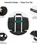 Black Underseat Carry On Luggage Bag with handles, removable strap, key chain attachment, and trolley sleeve.