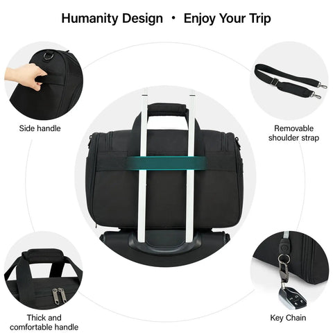 Black Underseat Carry On Luggage Bag with handles, removable strap, key chain attachment, and trolley sleeve.