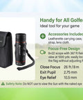 Blueline 8x22 Waterproof Golf Scope Monocular With Built In Internal Distance Reticle shown with accessories and case