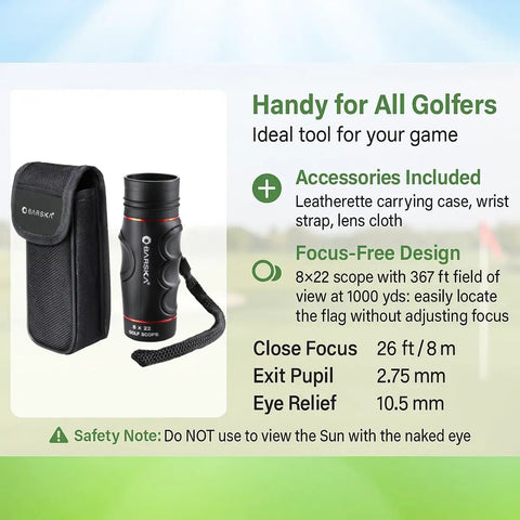 Blueline 8x22 Waterproof Golf Scope Monocular With Built In Internal Distance Reticle shown with accessories and case