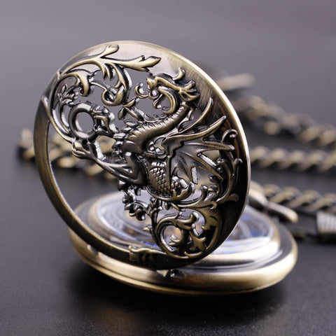 Dope Vintage Mechanical Steampunk Skeleton Pocket Watch With Carved Pattern Roman Numerals Hand Winding Movement Classic Hollow Case Chain And Box Included Distinctive Style For Everyday Wear bronze dragon design
