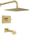 Brushed Gold Shower Fixtures Set With 12 Inch Square Rain Shower Head, Tub Spout, 16 Inch Shower Arm, Valve Included, Premium Stainless Steel
