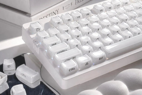 Wireless Mechanical Gaming Keyboard With 95 Percent Layout And Integrated Number Pad In Cream White Glossy Cat Ear Keycaps.