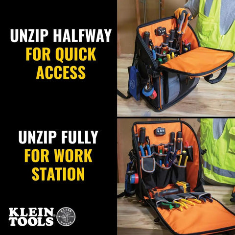 Tool Backpack Station Pro Heavy Duty Organizer With 27 Pockets, open for quick access and full workstation setup.