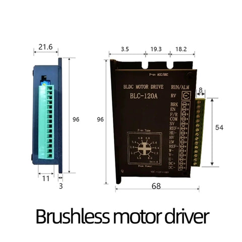 Close-up of a brushless motor driver BLC-120A with dimensions shown, suitable for use with Powerful 70W 57mm Brushless DC Motor Kit.