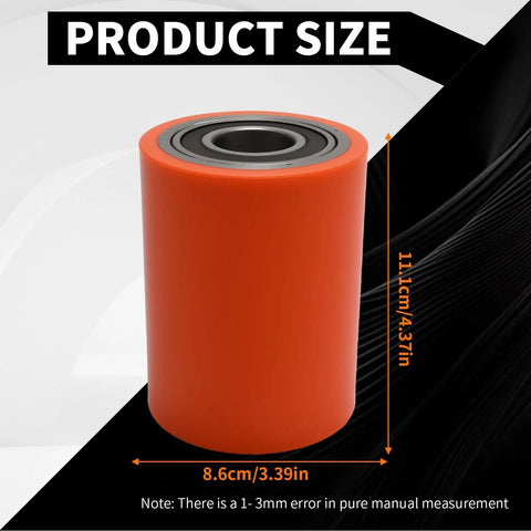 2Pcs Load Wheel Set Replacement For Toyota 8HBW23 Electric Pallet Jack Lift Truck. Orange nylon caster with dimensions shown.