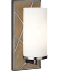 Slick Transitional One Light Wall Sconce In Driftwood Oak And Blackened Nickel Measures 12 Inch Tall with white glass shade.