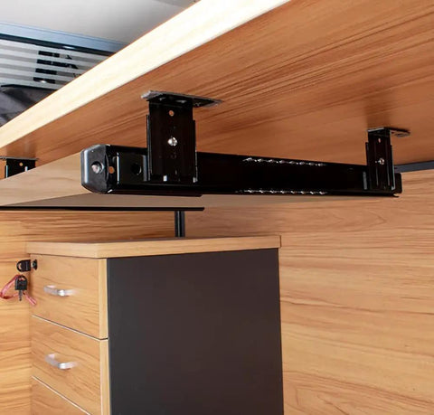 Premium Heavy Duty 350Mm Drawer Slides Featuring Ball Bearing Runners For Kitchen Cabinets And Office Storage With Silver Finish, mounted under a wood countertop.