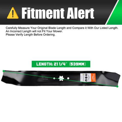 42 Inch Mower Blades With 6 Star Mounting Pattern For Bronco Pony XT1 LT42 42 Inch Deck Zero Turn Lawn Tractor Mulching Type 1 942-0616A 742-0616A Replacement featuring length measurement and fitment alert.