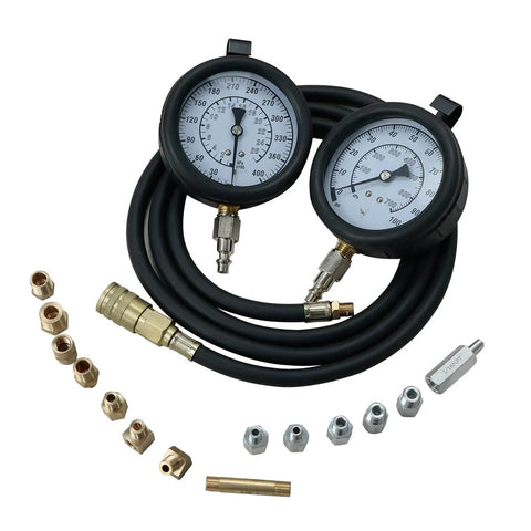 Master engine and transmission oil pressure test set with dual gauges, black hoses, and brass fittings.