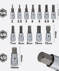 Solid As Rock 13 Piece Metric Hex Bit Socket Set Featuring Drop Forged S2 Steel And Chrome Drives With Rust Proof Coating, various sizes shown.