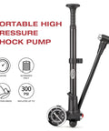 High Pressure Bike Shock Pump 300 PSI With Gauge For Mountain Bike Front Fork And Rear Suspension, black with PSI indicators.
