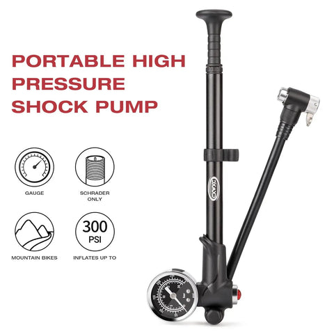 High Pressure Bike Shock Pump 300 PSI With Gauge For Mountain Bike Front Fork And Rear Suspension, black with PSI indicators.