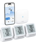 WiFi Thermometer Hygrometer With LCD Display, Three Sensors And Base Station, 2.4 GHz Compatible, Real Time Temperature And Humidity Monitoring, Smart App Alerts And Local Alarm Notifications, with phone and sensors