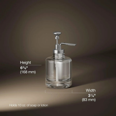 Artifacts Soap Dispenser Assembly in Polished Chrome, premium metal and glass build, height 6 5/8, width 3 1/4, 10 oz capacity.