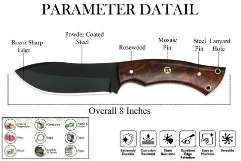 Rugged Fixed Blade Hunting Knife With Powder Coated Stainless Steel Blade And Wooden Grip Full Tang Build For Camping Survival And Outdoor Use A Beast Of An Outdoor Utility Knife For Any Outdoor Adventure, 8 inches, rosewood handle, mosaic pin visible.