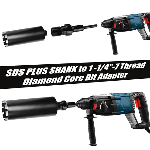 Core Drill Bit Adapter 1-1/4 in 7 UNC Male to SDS Plus Shank Conversion for Diamond Core Bits and Concrete Hole Saw