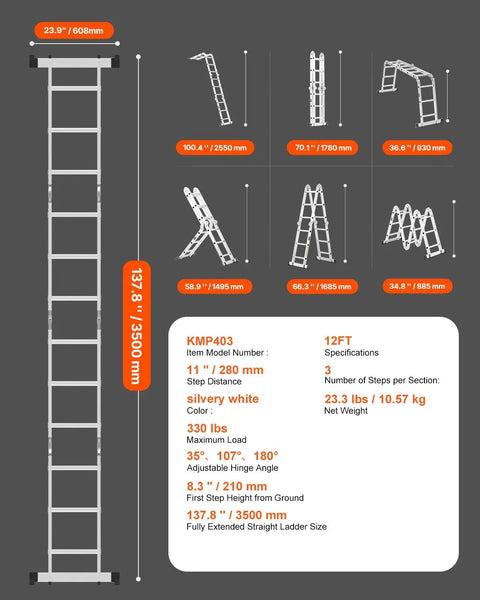 All In One 7 In 1 Folding Ladder For Home And Outdoor Use Telescoping A Frame To 12 Ft Reach With 3 Steps Adjustable Extension Platform Or Straight Config Heavy Duty 330 Lb Capacity For Cleaning Painting Gardening And Car Care, aluminum 12 ft ladder shown in multiple positions
