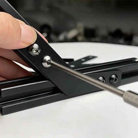 Close-up installation of Six Piece 45 Degree L Brackets For Aluminum Profile Extrusion Corner Braces Joining Plates 2020 Series.